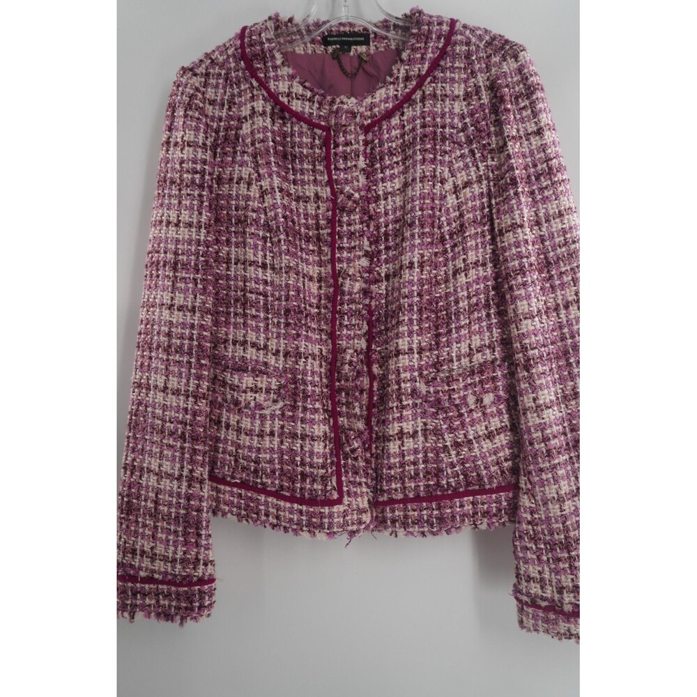 Express VintageY2K 2008 Design Studio Purple Pink Tweed Blazer Fringe Trim Sz 10